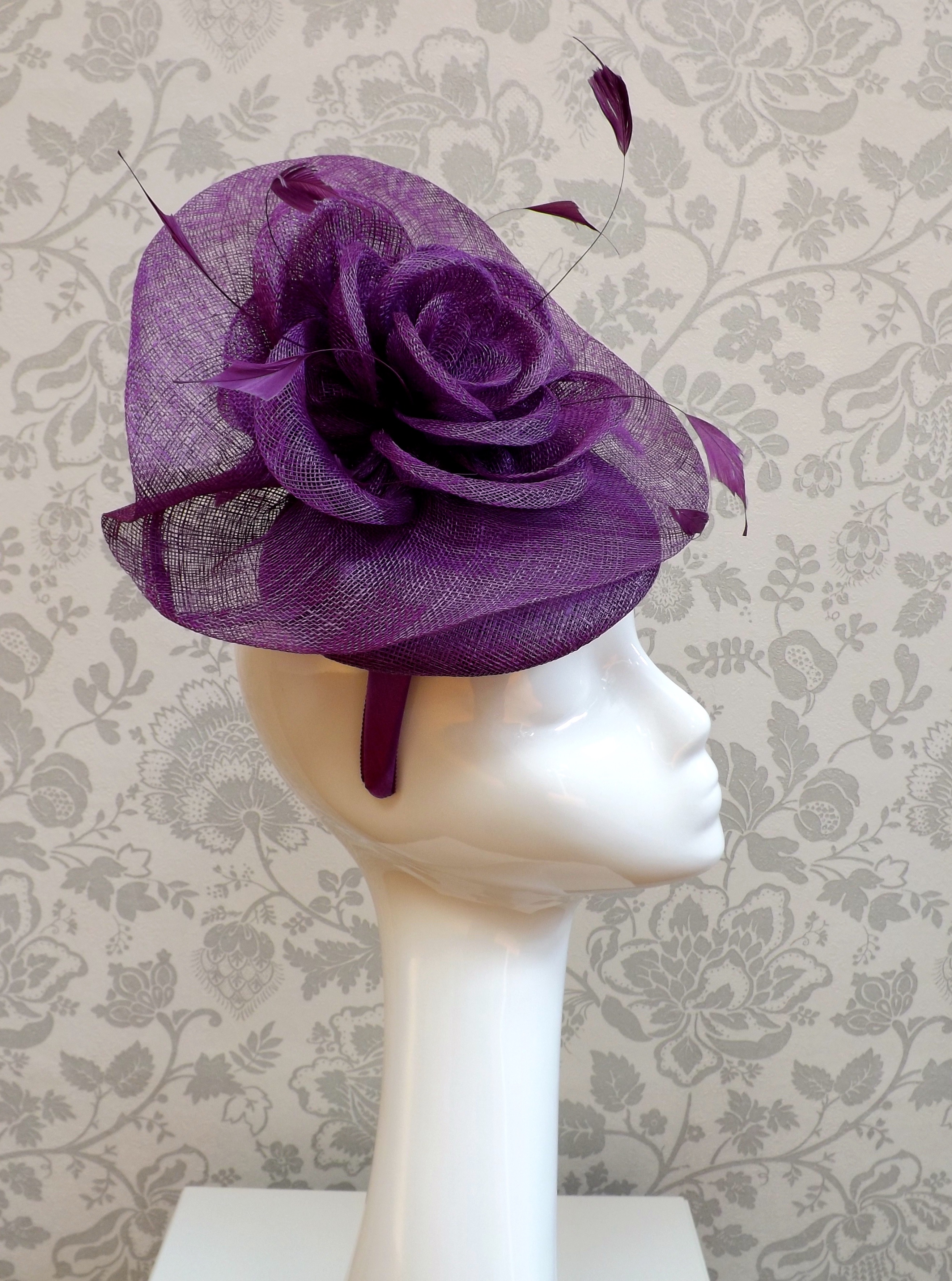 Purple sinamay rose detail fascinator 