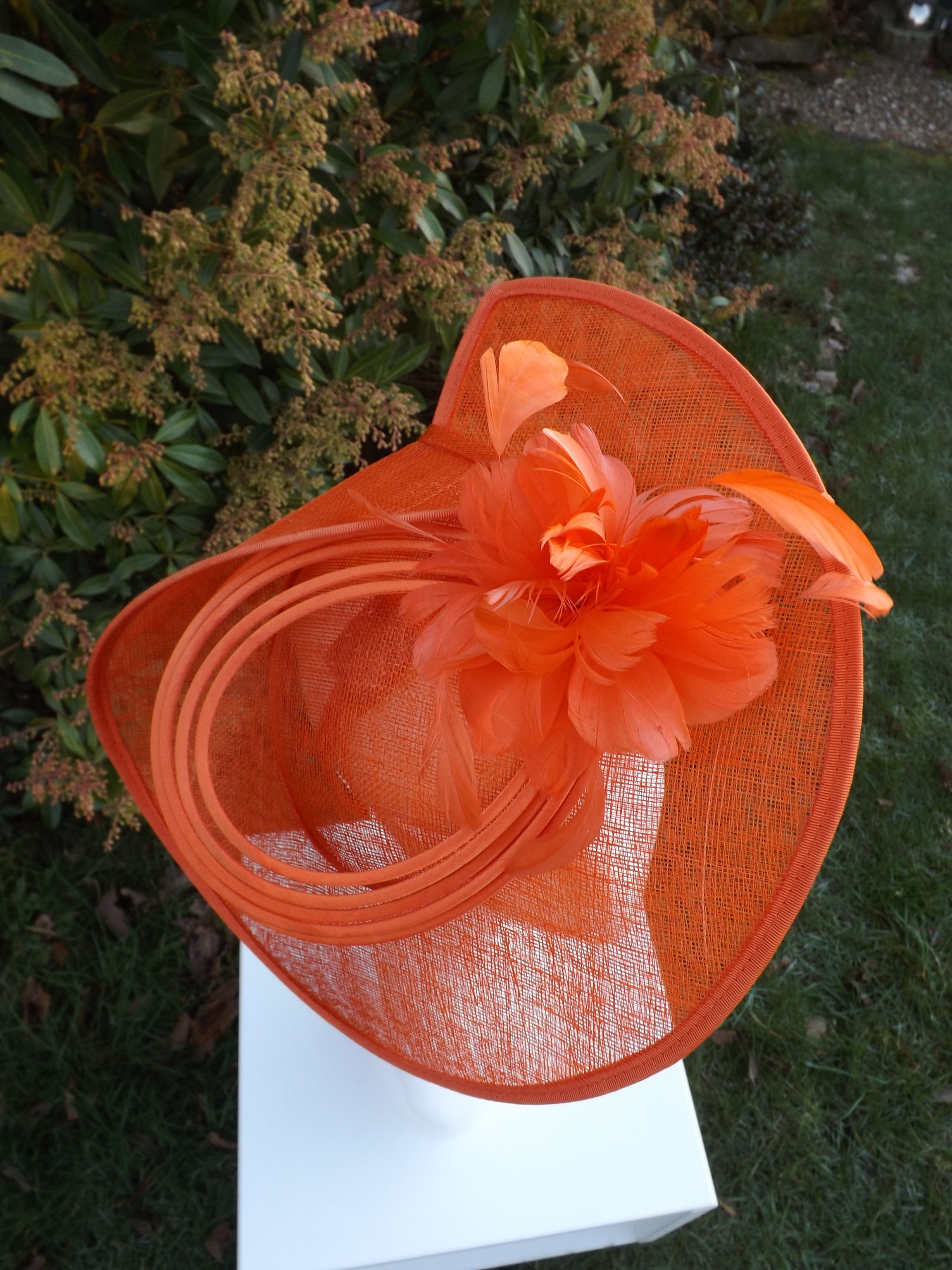 Medium Brim Orange Fascinator on Head Band Hat Hire & Accessories by Neve